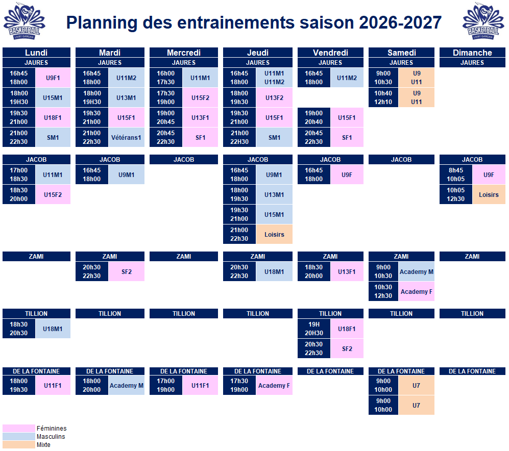 Créneaux entrainement 2026-2027